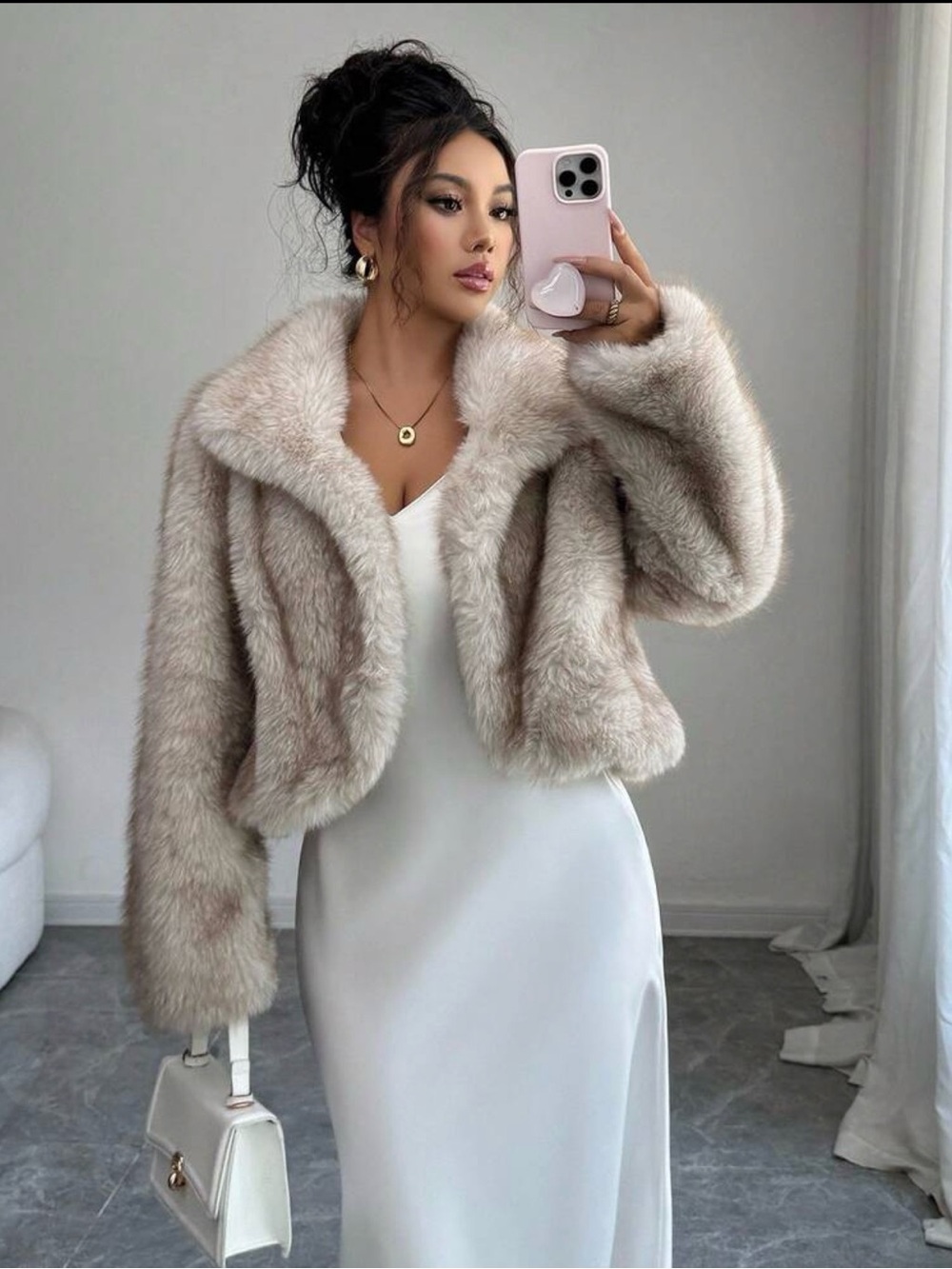 Lux Faux Fur Cropped Jacket in Light Taupe - Picture 4 of 6